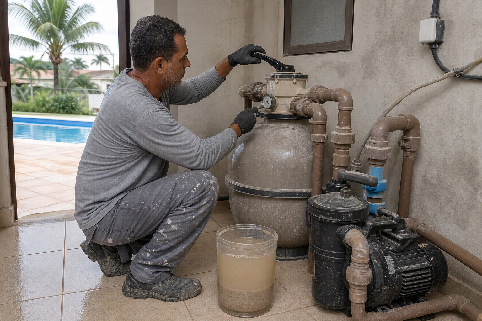 Técnico verificando filtro de piscina após entrada de poeira de obra