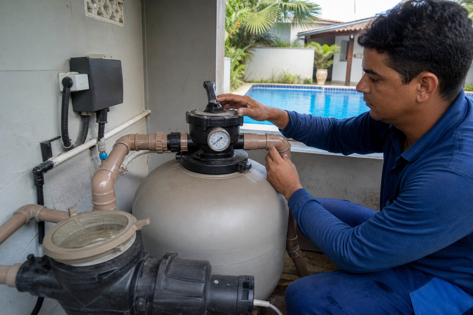 Técnico verificando manômetro e válvula seletora do filtro de piscina