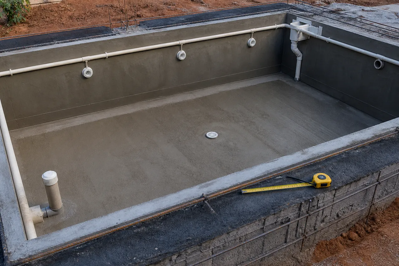 Piscina em construção com tubulações de retorno, ralo, borda de concreto e trena de medição