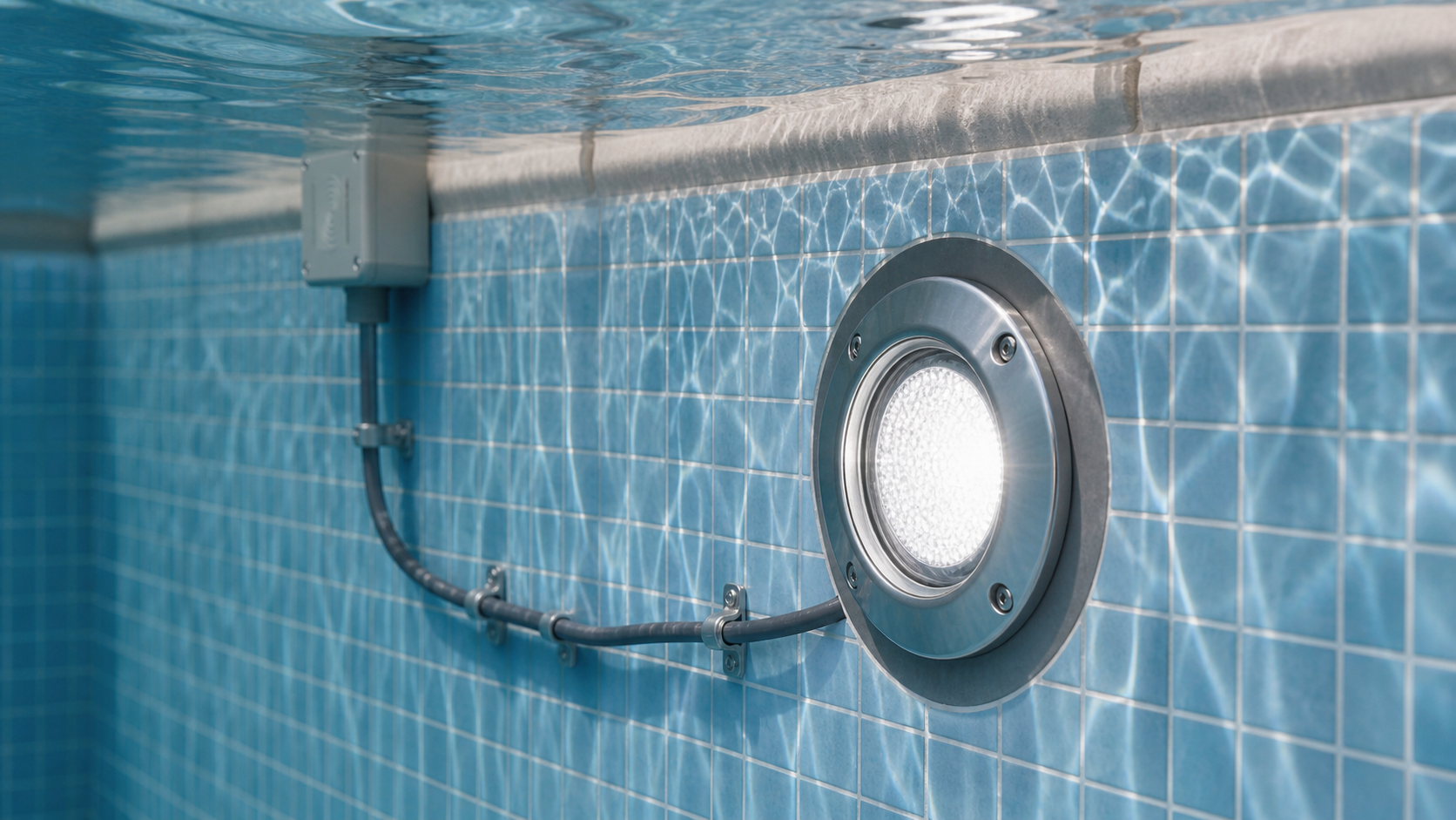 Refletor LED subaquático instalado em nicho de piscina, com conduíte e caixa de passagem protegidos.