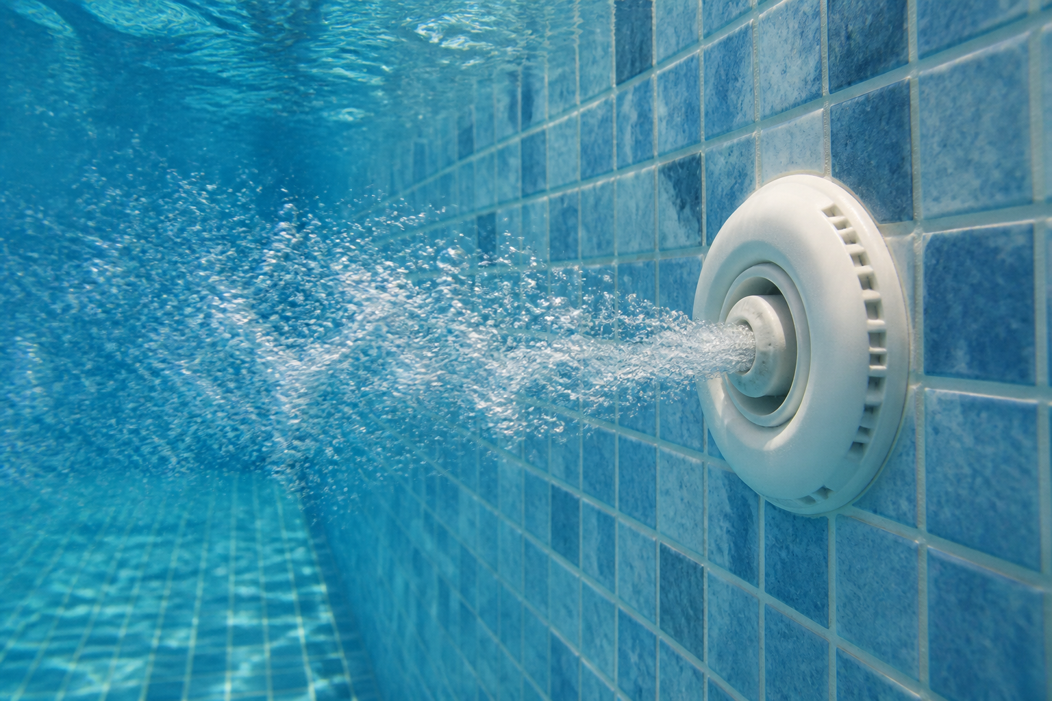 Jato de retorno da piscina liberando bolhas de ar na água