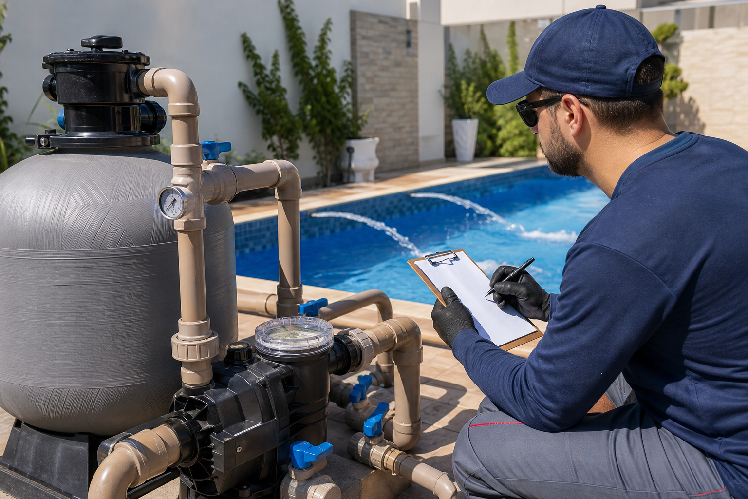 Técnico verificando bomba, filtro, válvulas e registro de funcionamento do sistema de filtragem da piscina.