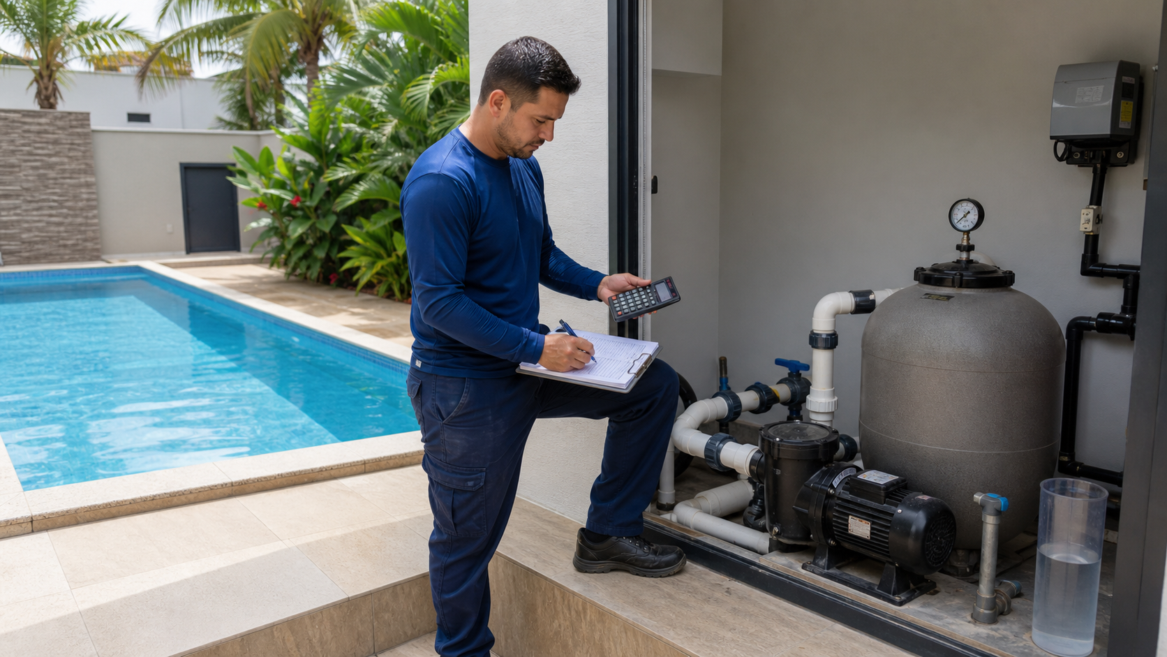 Profissional conferindo o volume da piscina para orientar dosagem e dimensionamento do conjunto de bomba e filtro.