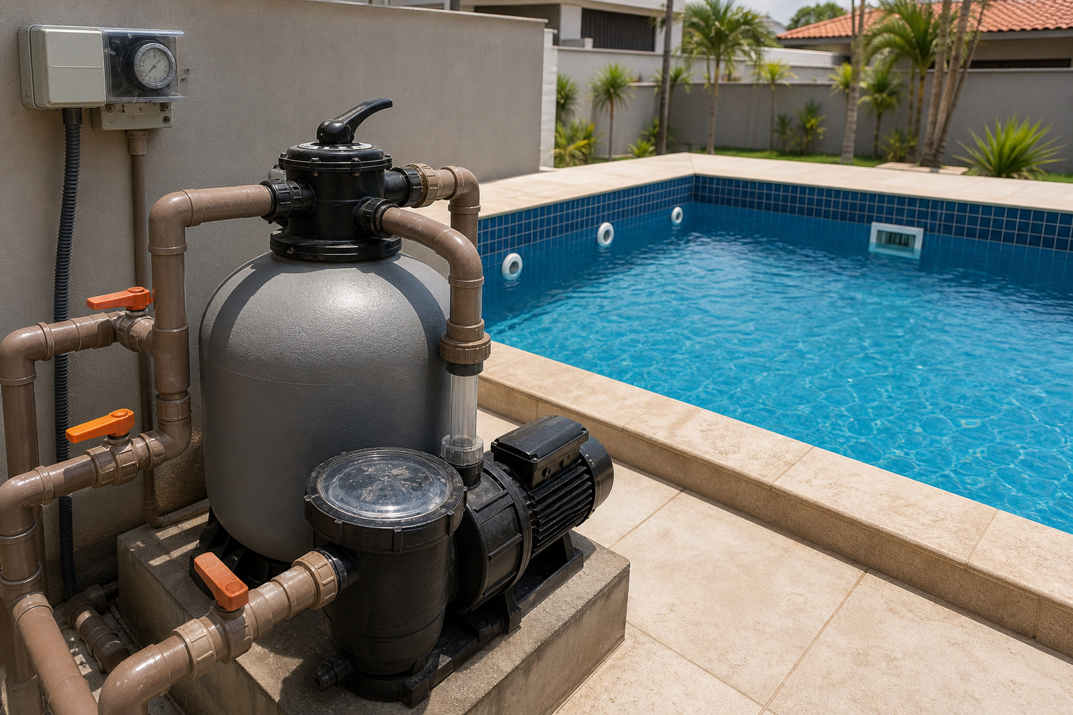 Sistema de filtragem de piscina com bomba, filtro de areia, manômetro e temporizador em uma residência de Goiânia.