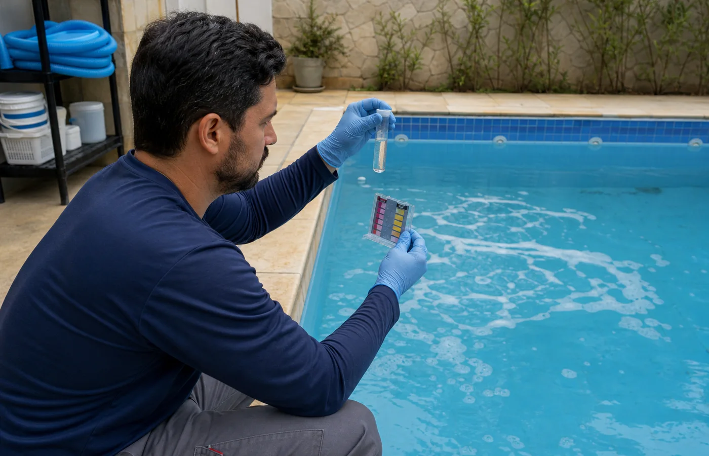 Técnico coleta amostra e usa estojo de teste de pH e cloro ao lado de piscina com espuma visível
