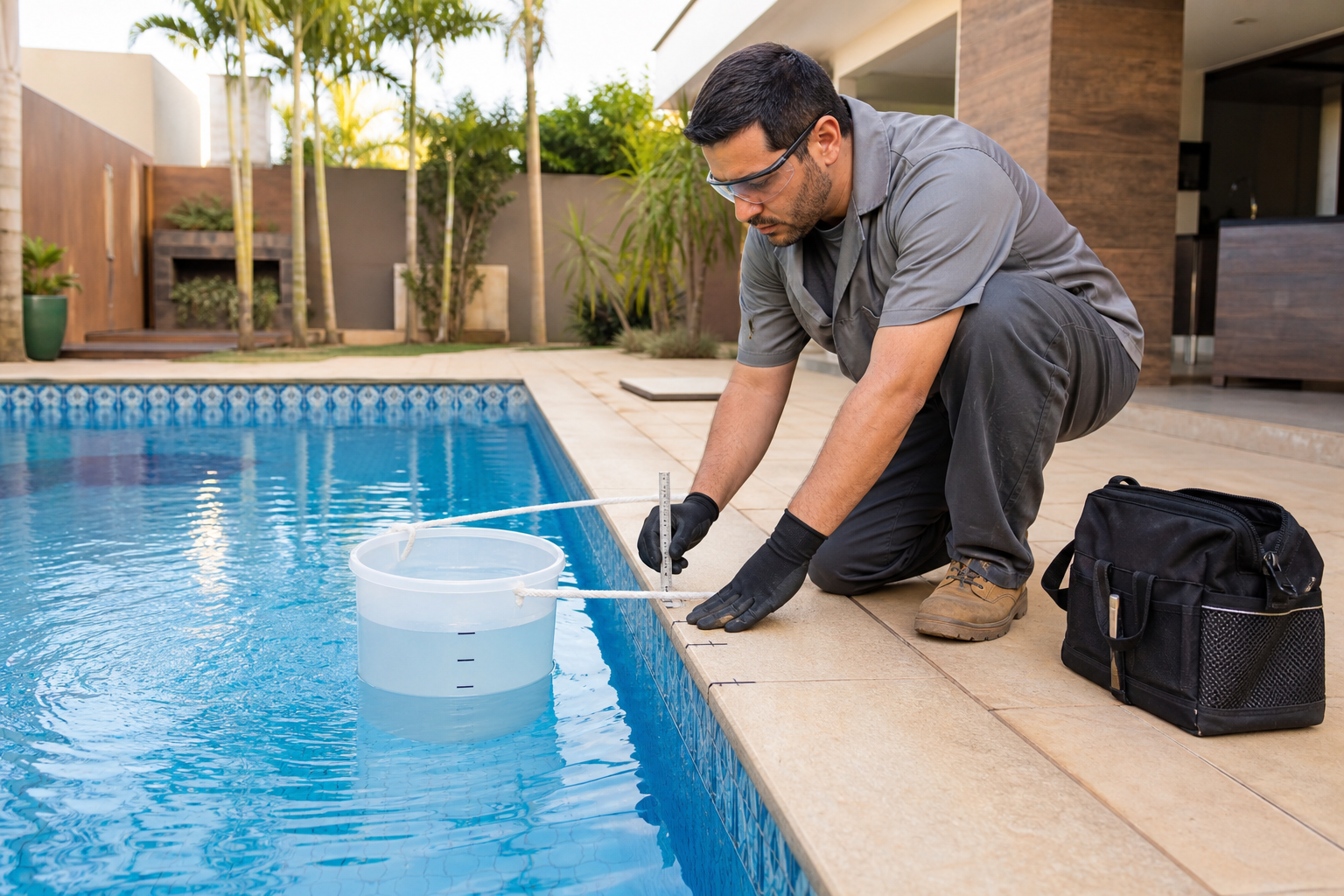 Técnico realizando teste de evaporação com balde graduado na borda da piscina.