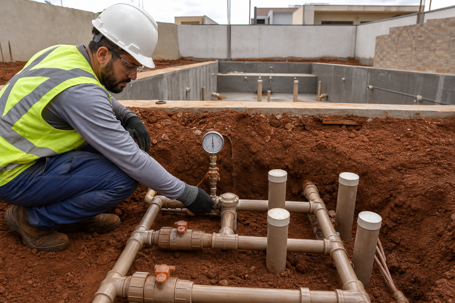 Técnico usando manômetro para testar a estanqueidade das tubulações de sucção e retorno de uma piscina em construção em Goiânia.