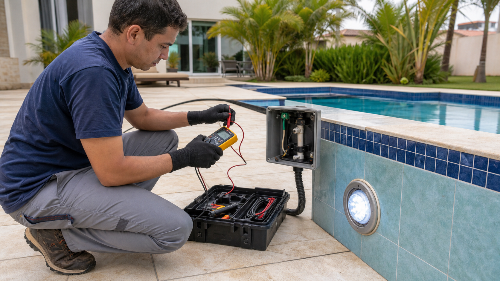 Técnico testando o circuito da luminária LED da piscina com multímetro