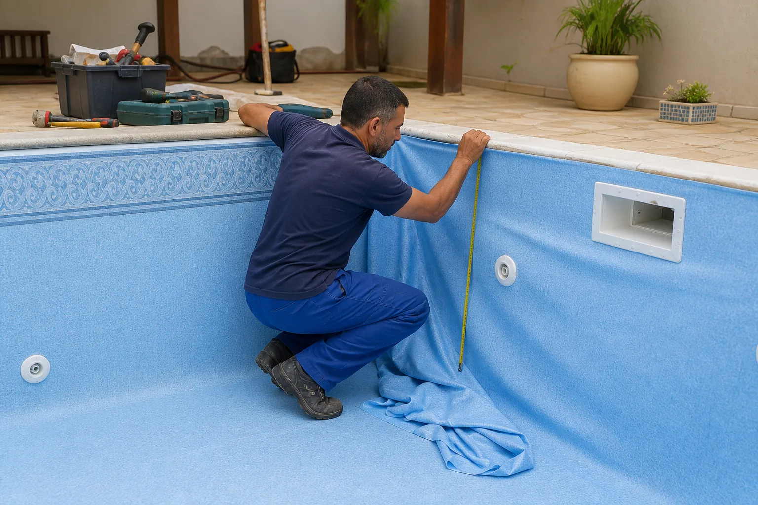 Técnico medindo revestimento vinílico azul dentro de piscina residencial com skimmer e retorno aparentes