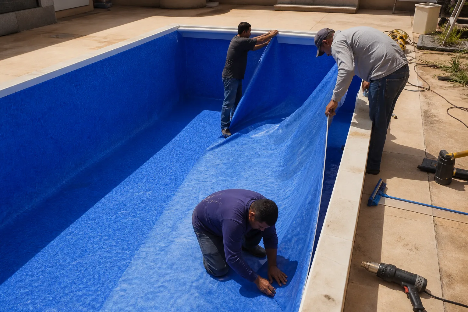 Técnicos instalando manta vinílica azul em piscina vazia durante troca de revestimento