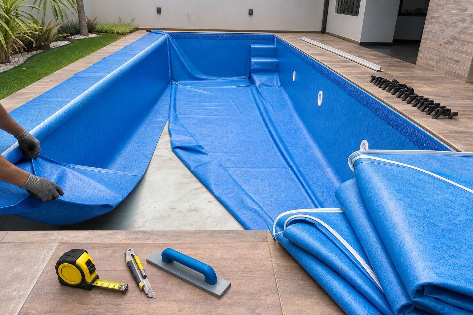 Troca de vinil em piscina no Jardim Gardênia com medição e ajuste do revestimento