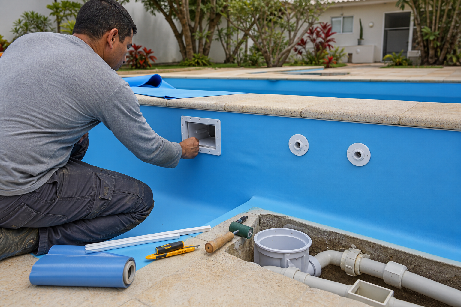 Instalação de vinil e ajuste de skimmer e retornos em piscina no Jardim Gardênia