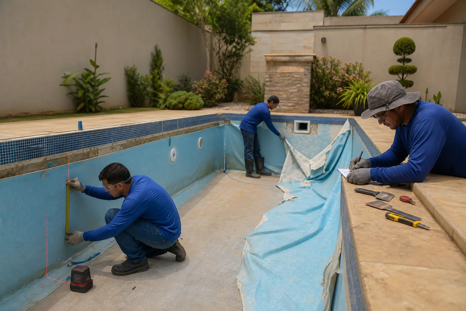 Técnicos medindo piscina de vinil vazia com revestimento antigo parcialmente removido no Pontal Sul