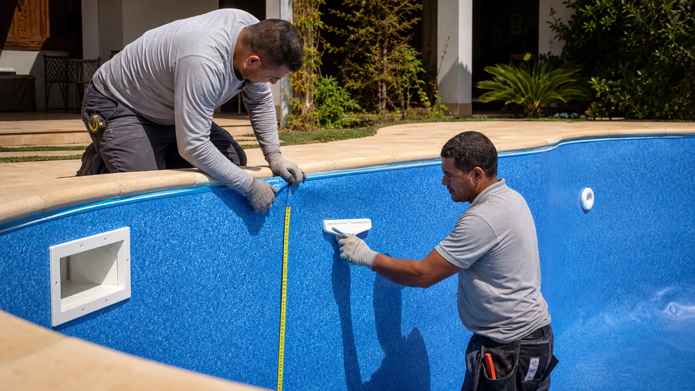Técnicos medindo revestimento de vinil azul em piscina residencial durante reforma