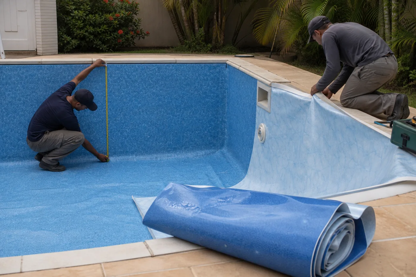 Técnicos medindo piscina de vinil durante reforma com revestimento azul parcialmente instalado