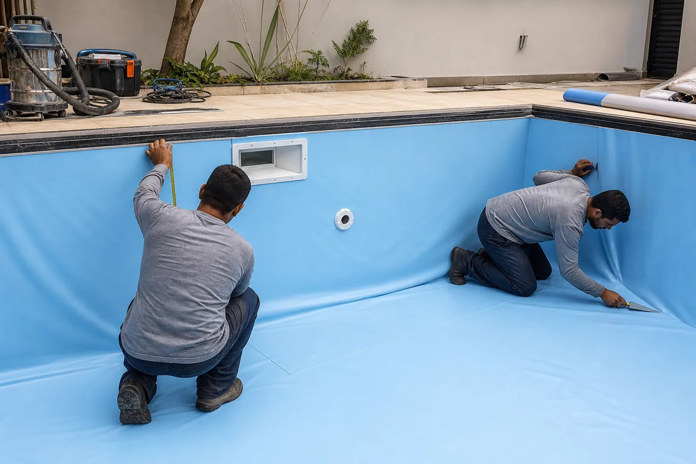 Técnicos medindo revestimento de vinil azul em piscina residencial durante reforma