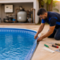 Técnico ajustando borda de vinil em piscina residencial com casa de máquinas ao fundo