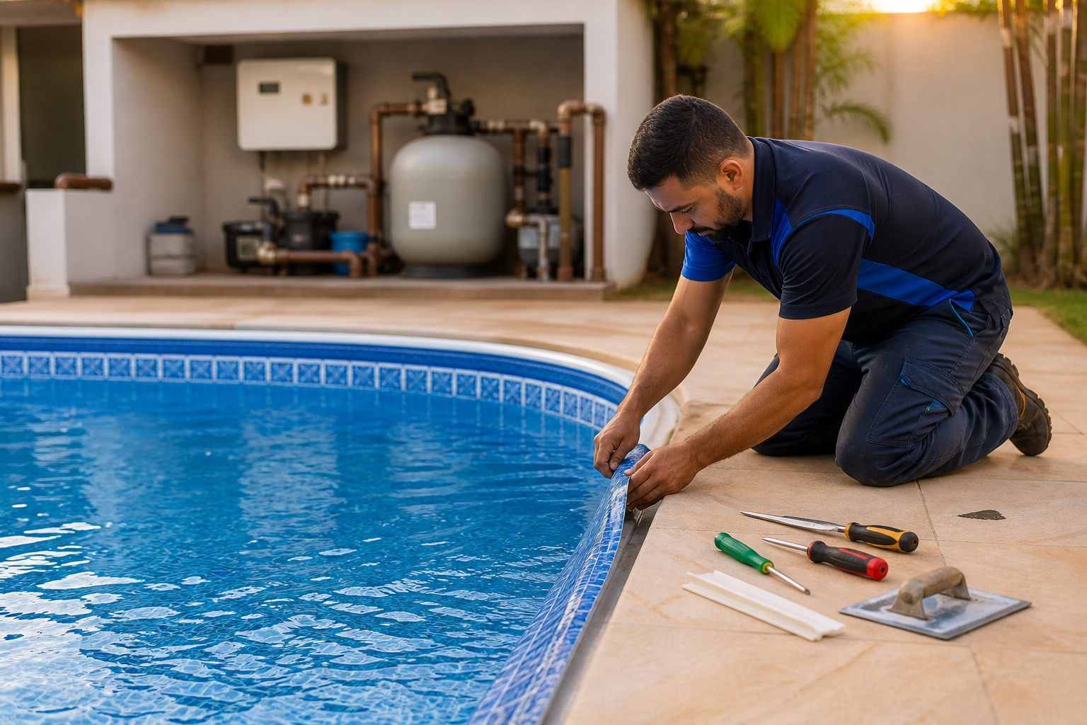 Técnico ajustando borda de vinil em piscina residencial com casa de máquinas ao fundo