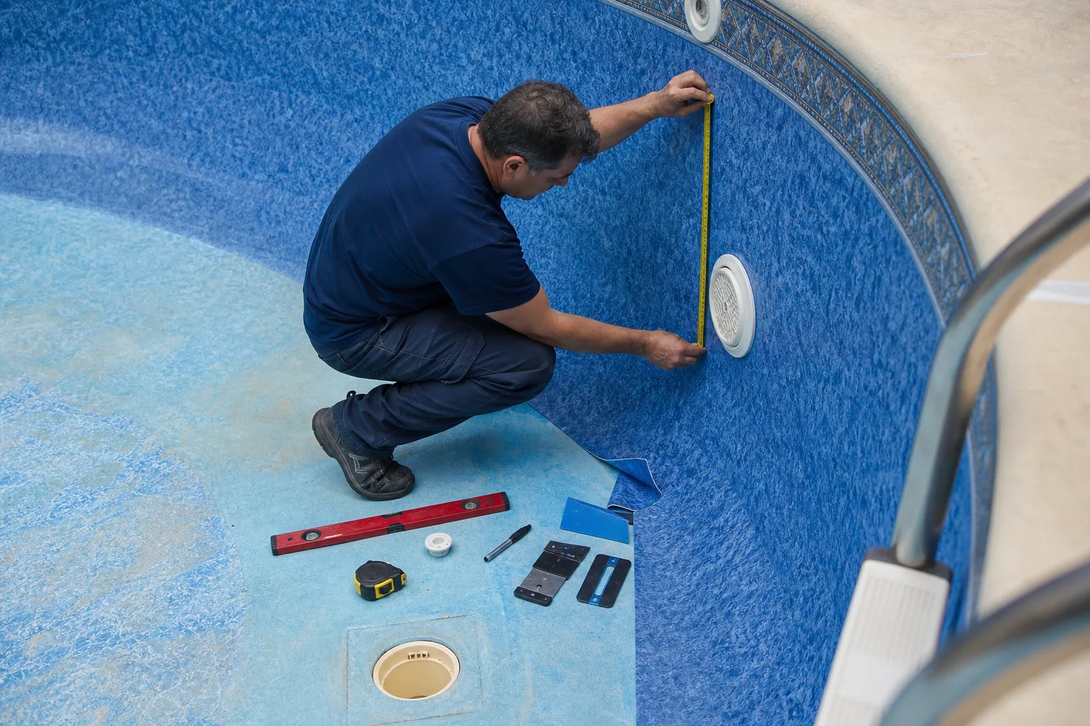 Técnico medindo revestimento de vinil próximo aos dispositivos hidráulicos de uma piscina residencial