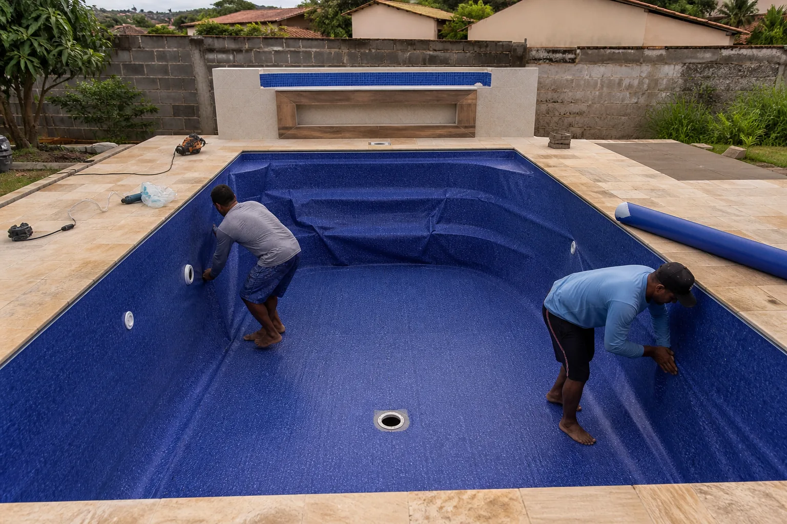 Técnicos instalando bolsão de vinil azul em piscina residencial vazia no Setor dos Afonsos