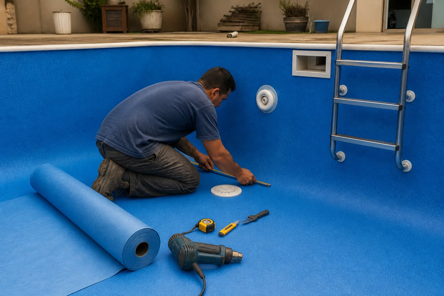 Técnico medindo vinil azul próximo ao ralo retorno e escada de piscina residencial