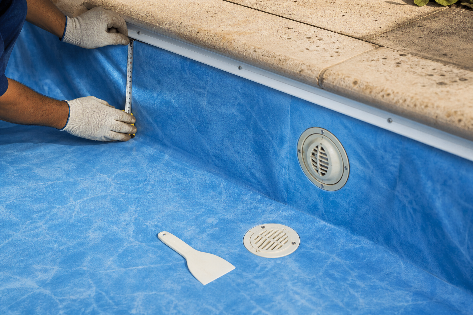 Profissional medindo acabamento de vinil azul em piscina com ralo e borda visíveis