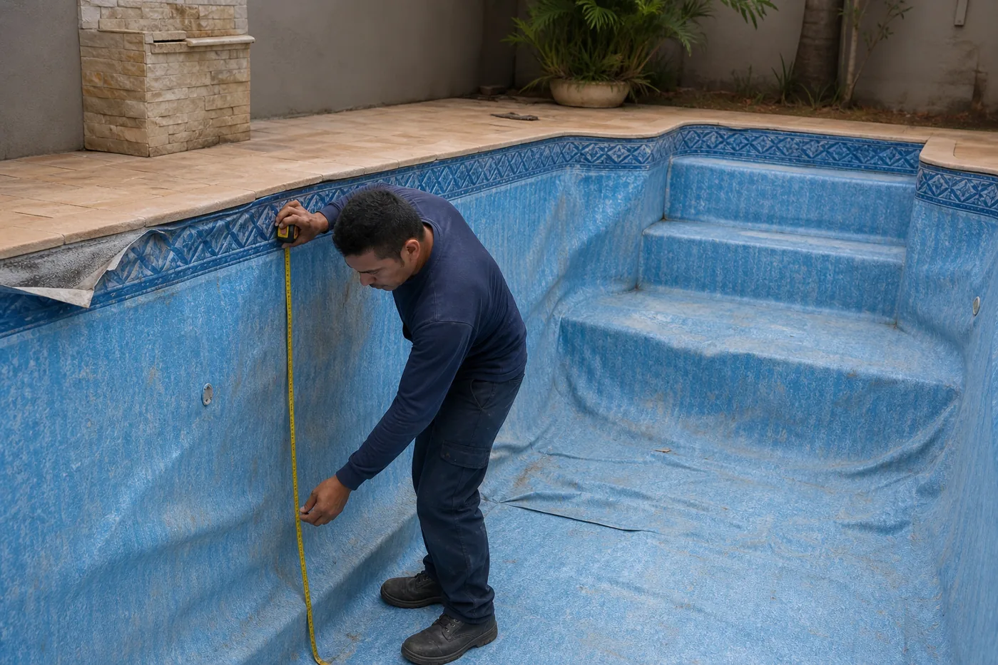 Técnico medindo piscina vazia com vinil azul desgastado antes da troca do revestimento