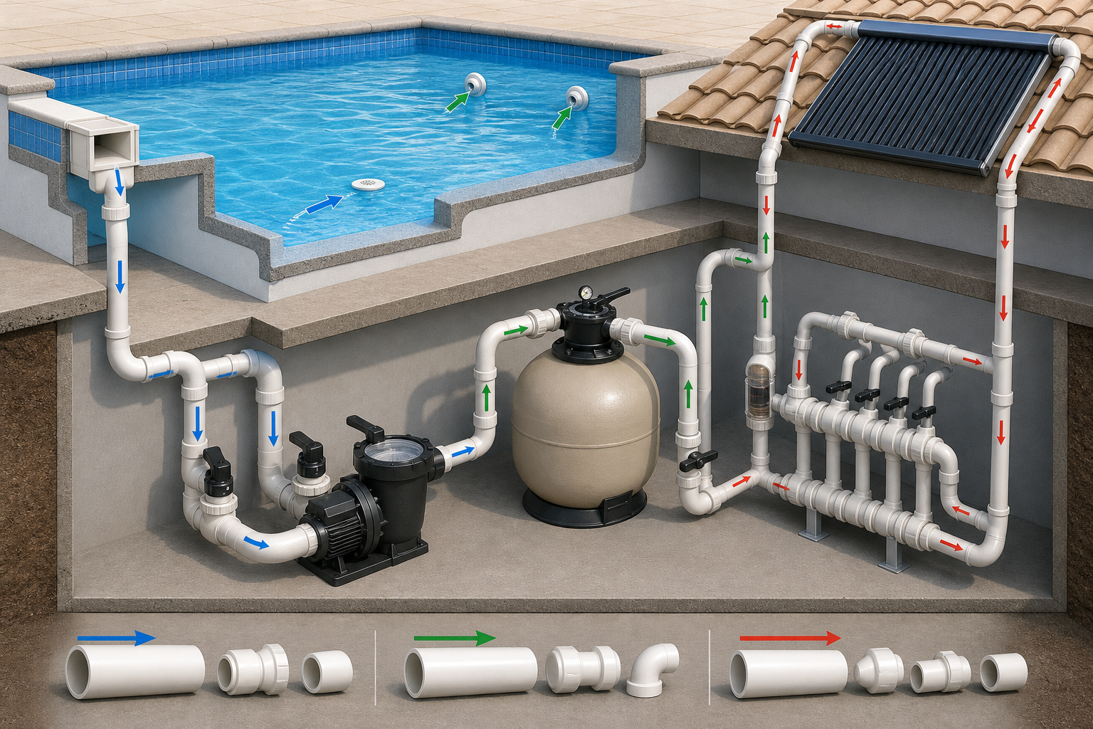 Circuitos de sucção, retorno e aquecimento solar no sistema hidráulico da piscina