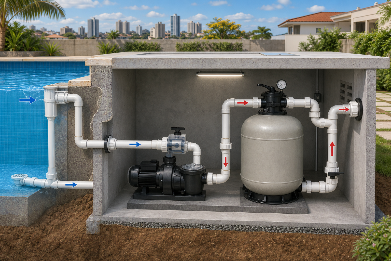 Diagrama técnico de tubulações de sucção e retorno ligadas à bomba e ao filtro da piscina
