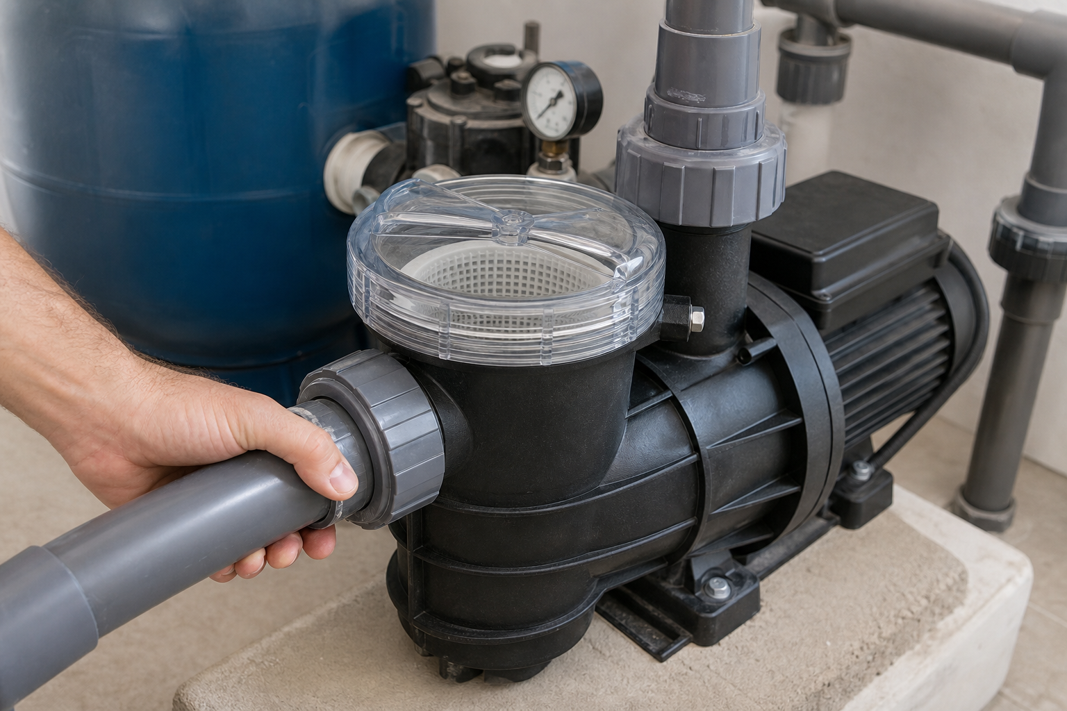 Técnico verificando a união do pré-filtro e a tubulação de sucção da bomba da piscina