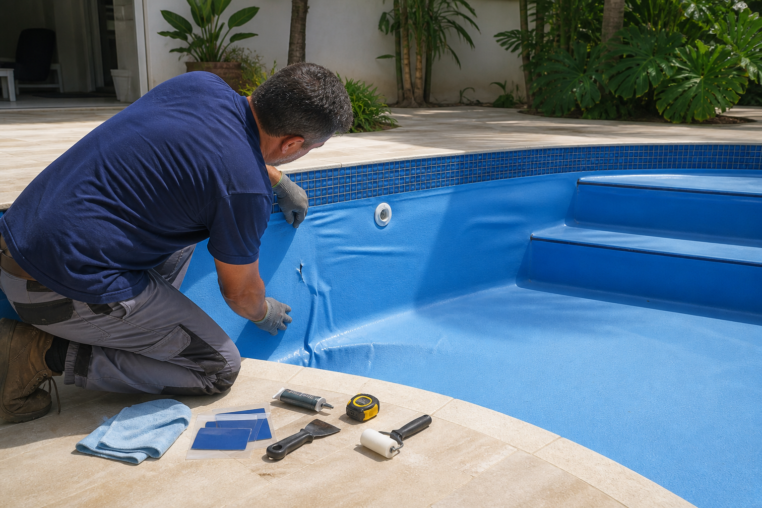 Profissional inspecionando vinil de piscina enrugado perto dos degraus