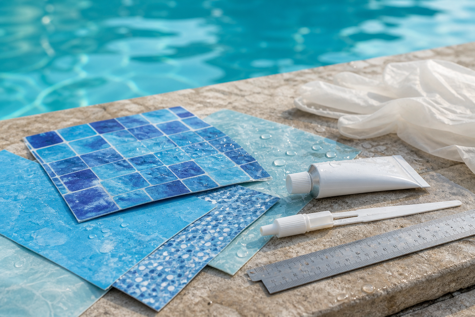 Amostras de vinil adesivo e ferramentas para reparo de piscina