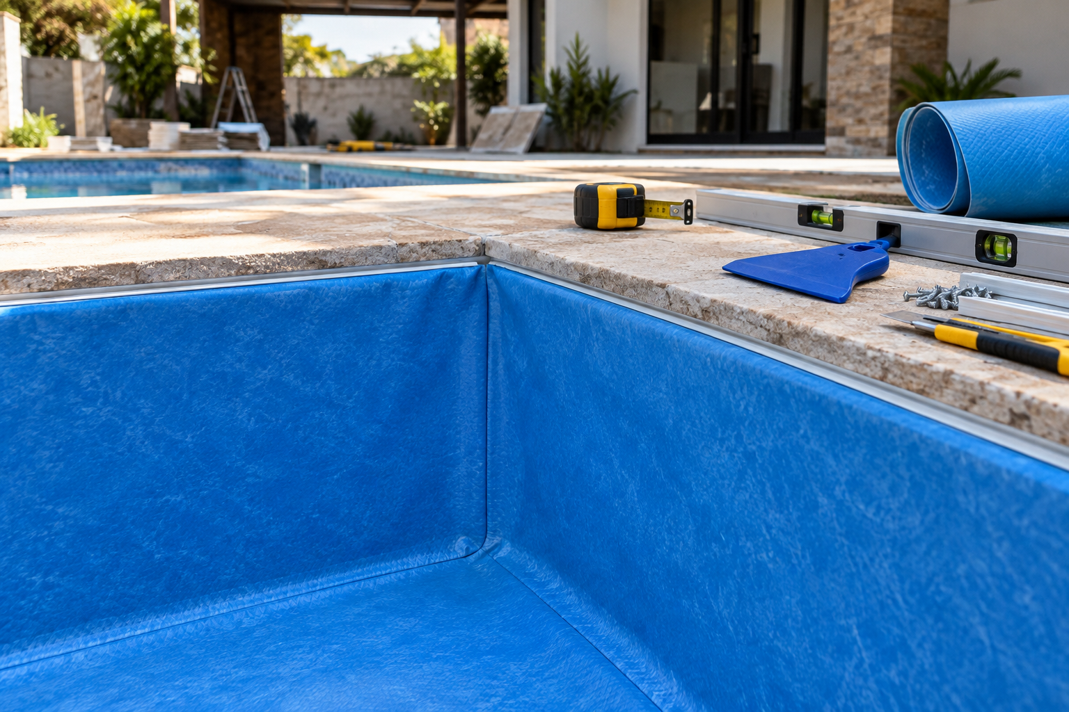 Detalhe do encaixe e acabamento do vinil azul na borda e no canto de uma piscina