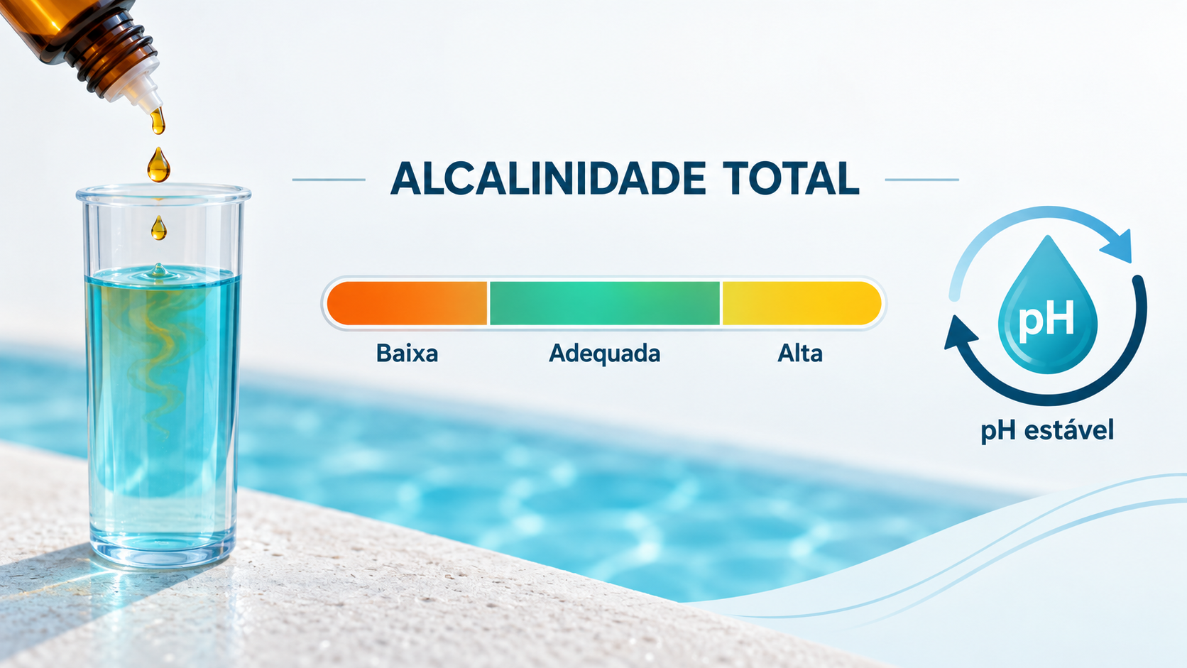 Infográfico mostrando teste e faixas de alcalinidade total da água da piscina