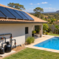 Coletores solares instalados sobre telhado com tubulações ligadas à piscina residencial