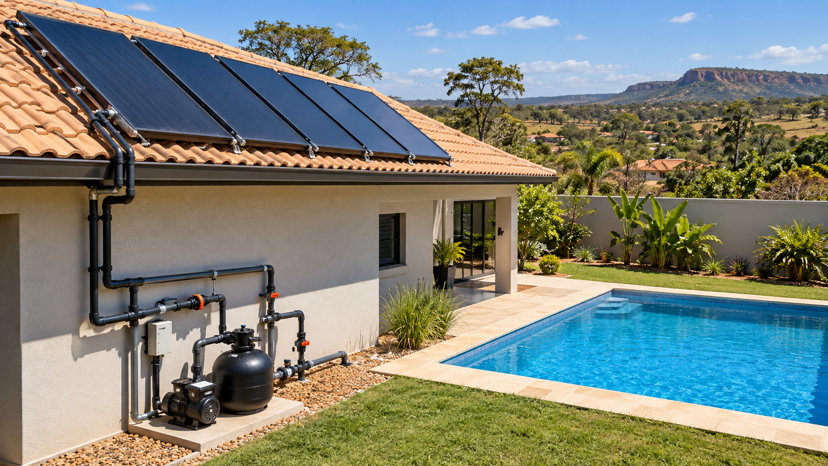 Coletores solares instalados sobre telhado com tubulações ligadas à piscina residencial