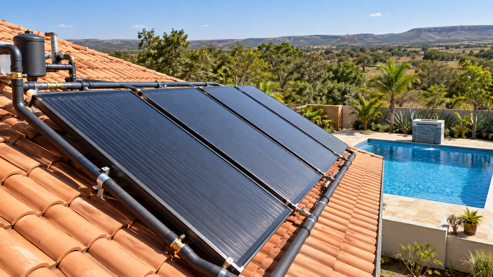 Coletores de aquecimento solar instalados em telhado com piscina residencial ao fundo em Palminópolis
