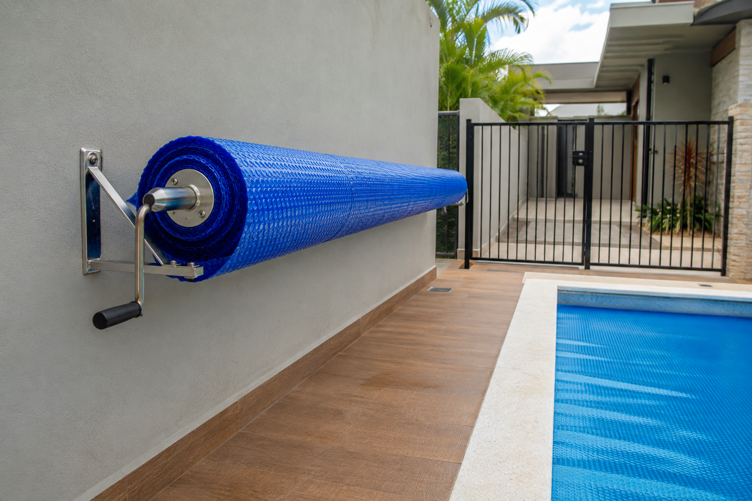 Capa térmica de piscina enrolada em suporte próprio, com portão de acesso fechado e piso seco.
