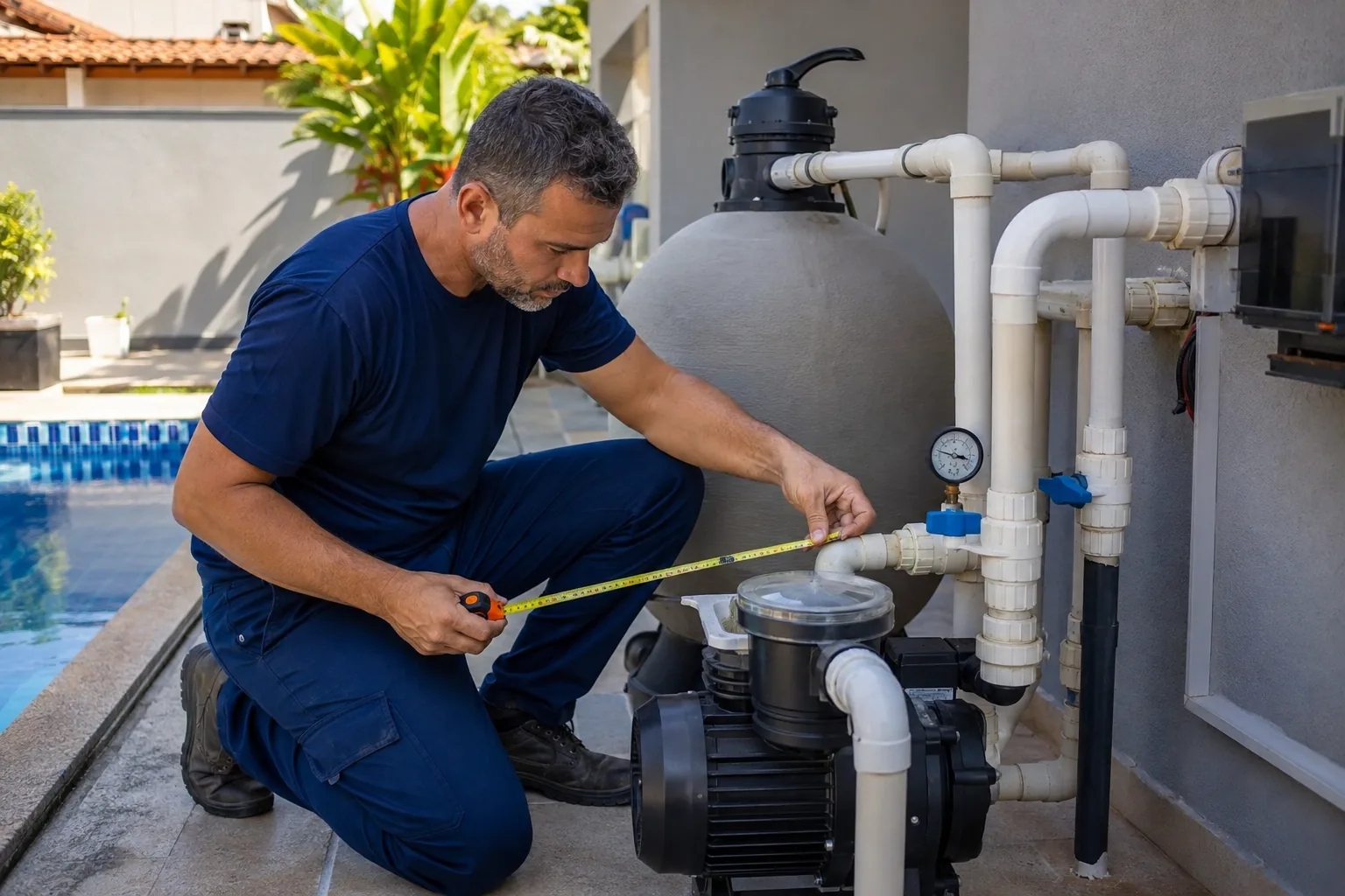 Técnico conferindo bomba, manômetro, filtro e tubulação da casa de máquinas de uma piscina