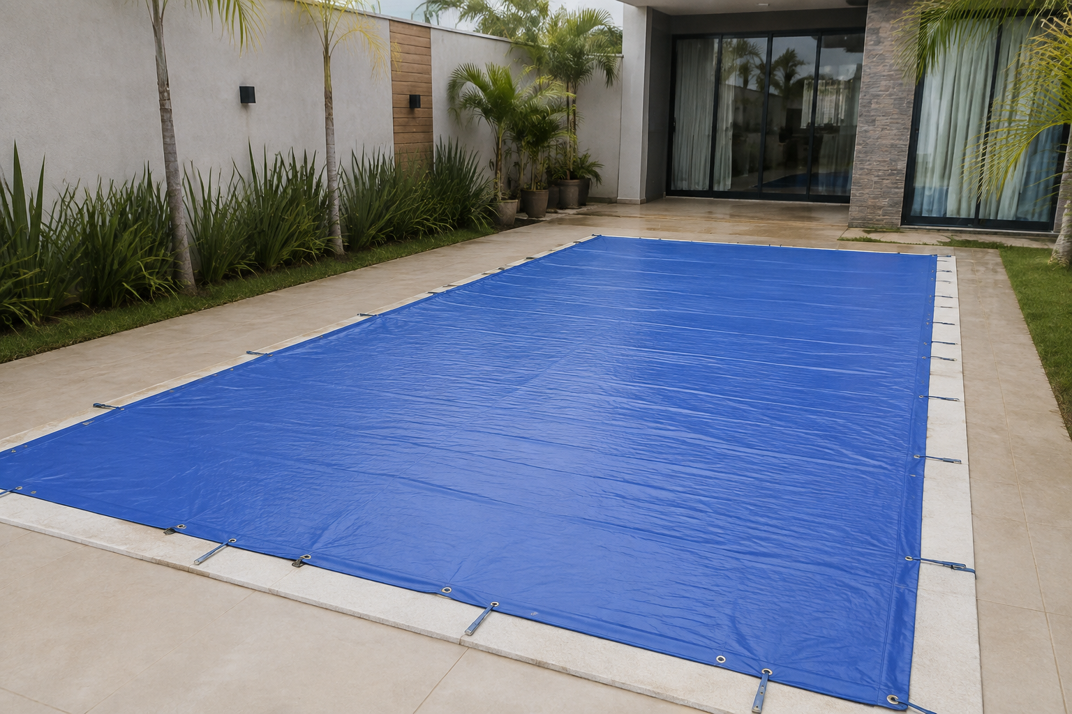 Capa de piscina azul instalada e fixada ao redor de uma piscina residencial em Goiânia, com perímetro livre.