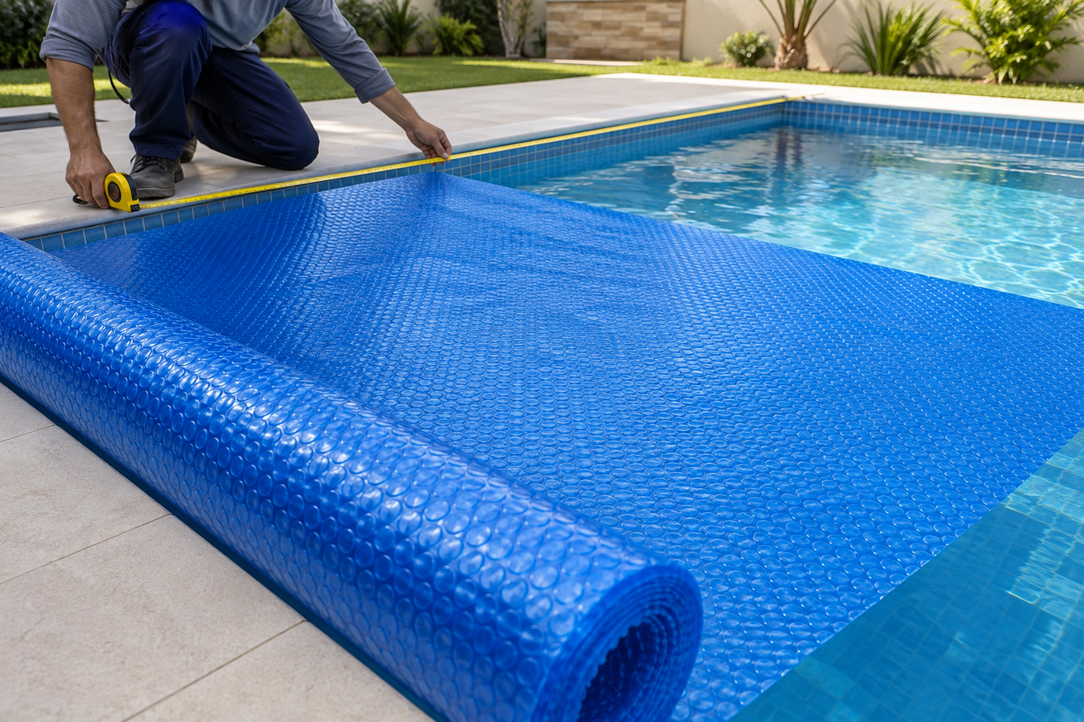Profissional medindo e instalando capa térmica azul de bolhas sobre piscina em Colinas do Sul