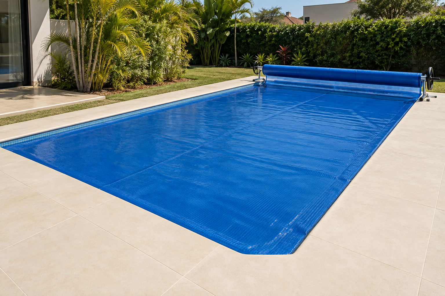 Capa térmica azul ajustada sobre piscina residencial em Professor Jamil, com rolo manual ao lado