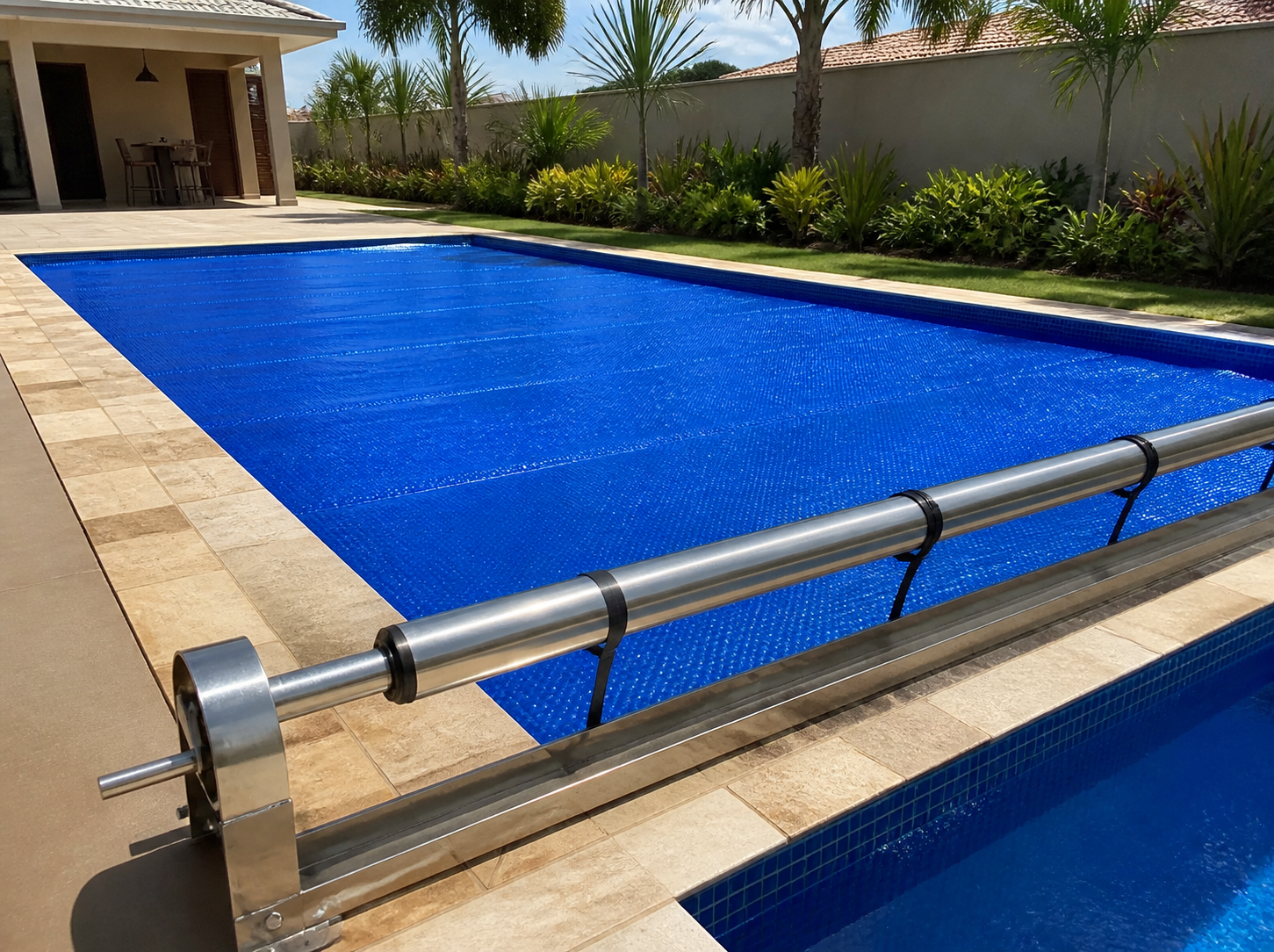 Técnico conferindo a borda de uma capa térmica azul instalada sobre piscina residencial, com enrolador metálico ao lado