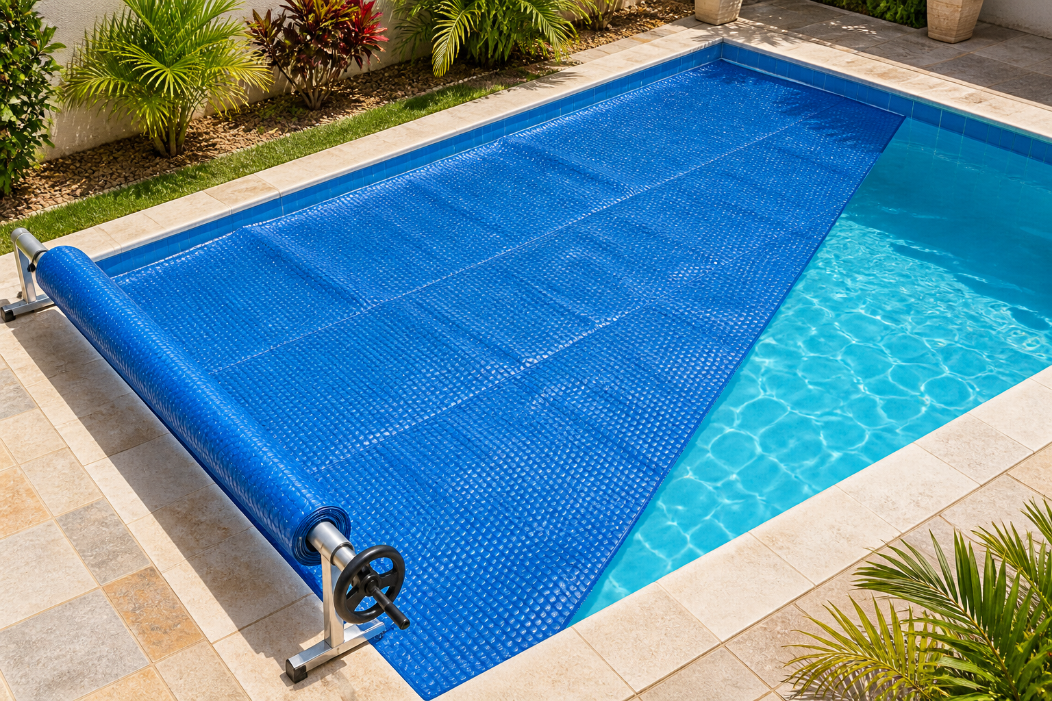 Capa térmica azul de bolhas instalada sobre piscina residencial com enrolador manual