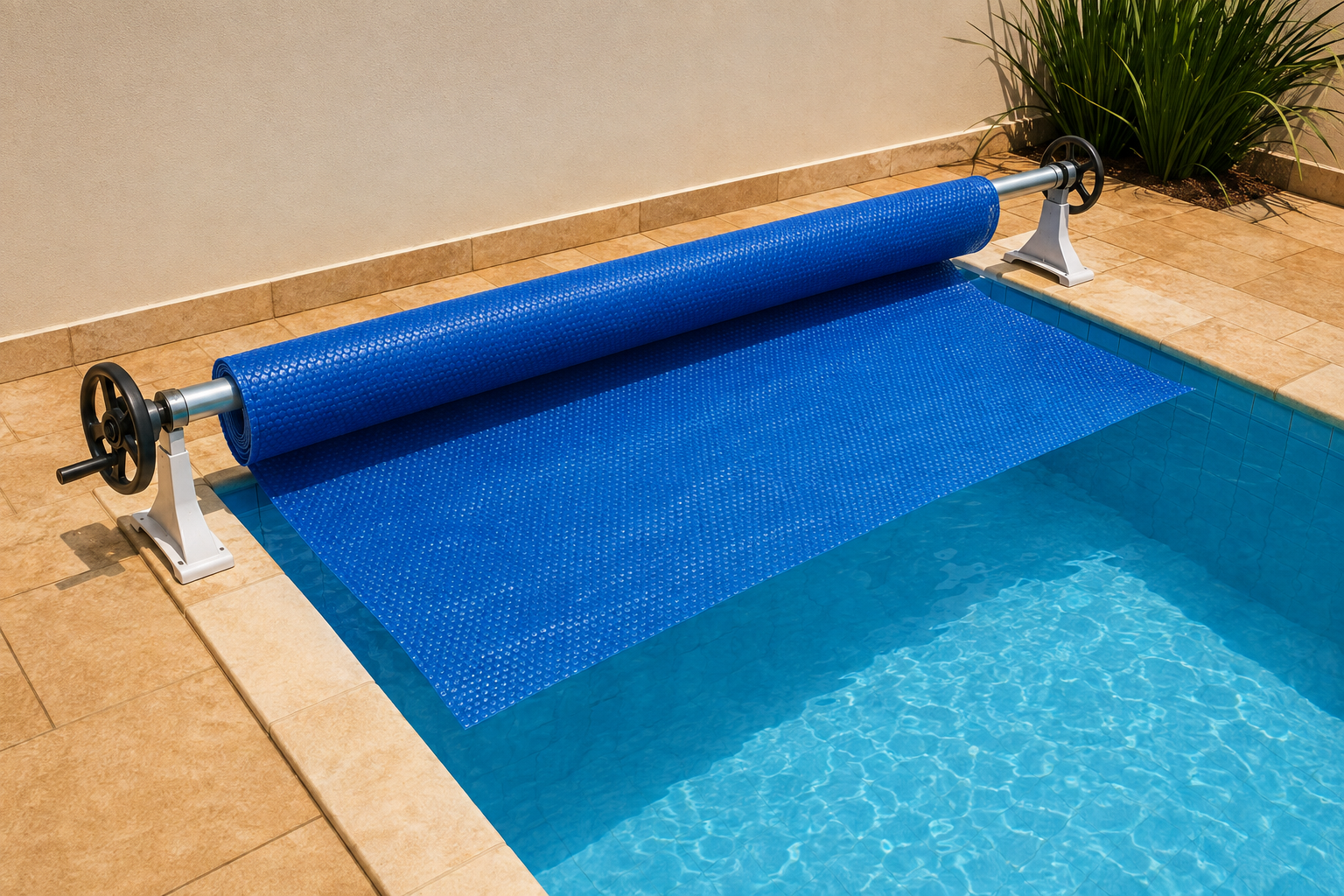 Capa térmica azul para piscina parcialmente enrolada em rolo de armazenamento em Vila Propício