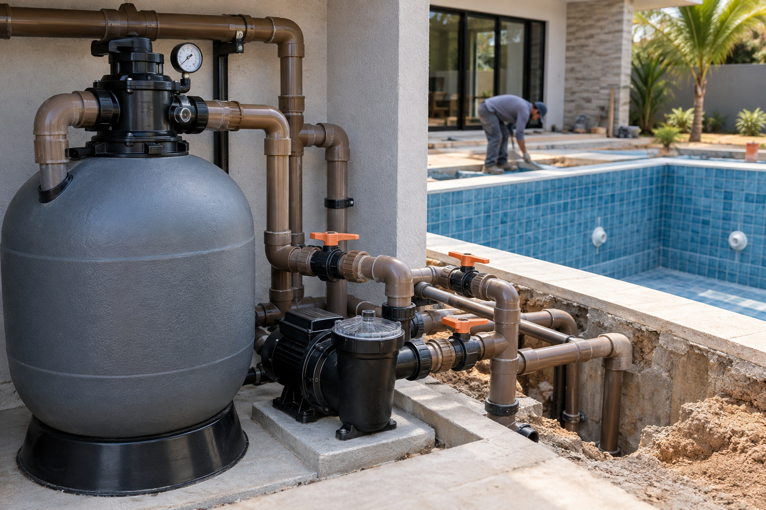 Filtro de areia, bomba, registros e tubulações em casa de máquinas de piscina no Setor Santa Luzia