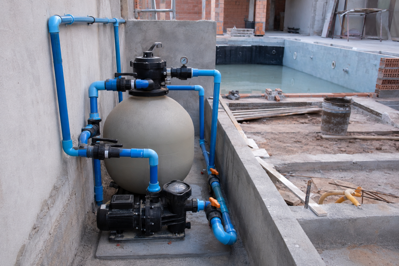 Piscina em construção com tubulações de retorno, ralo, borda de concreto e trena de medição