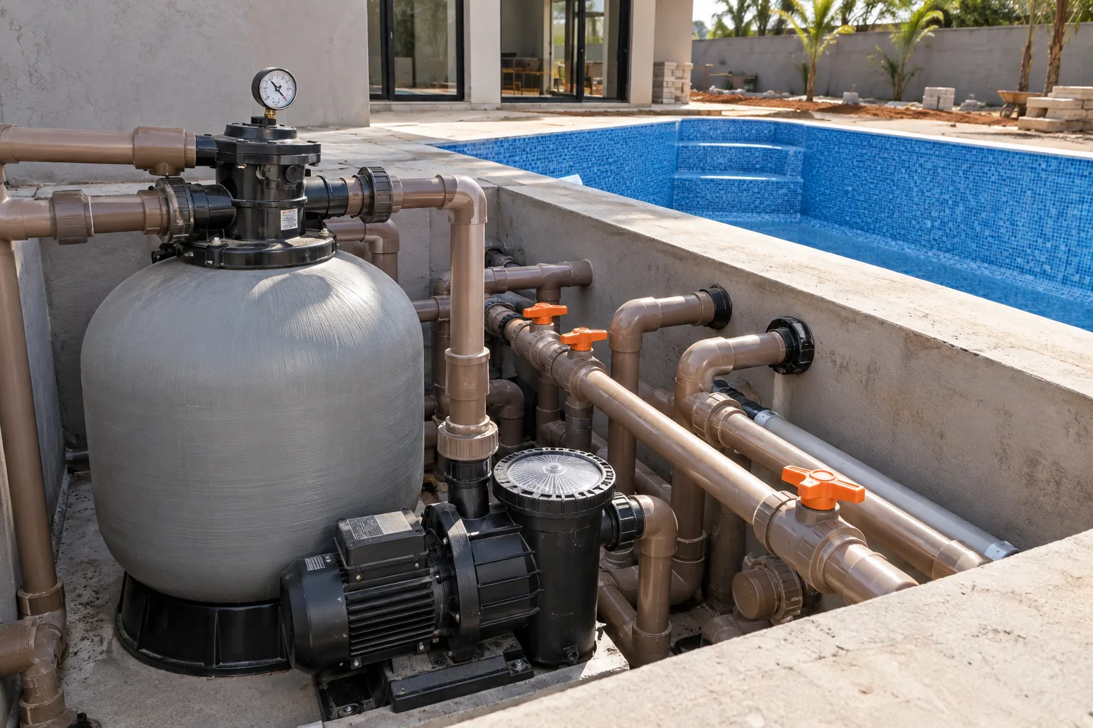 Filtro de areia, motobomba, manômetro, registros e tubulações de uma casa de máquinas de piscina