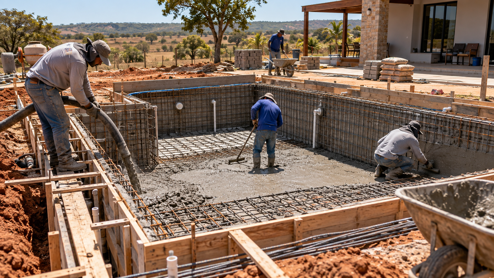 Equipe técnica trabalhando na estrutura de uma piscina de alvenaria em obra, com formas, armação e concreto