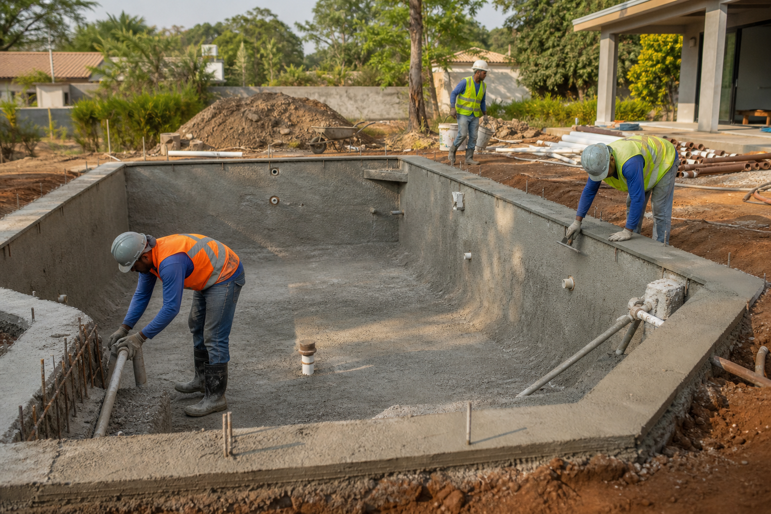 Piscina de concreto em construção com trabalhadores usando EPI e conferindo tubulações em Araguapaz